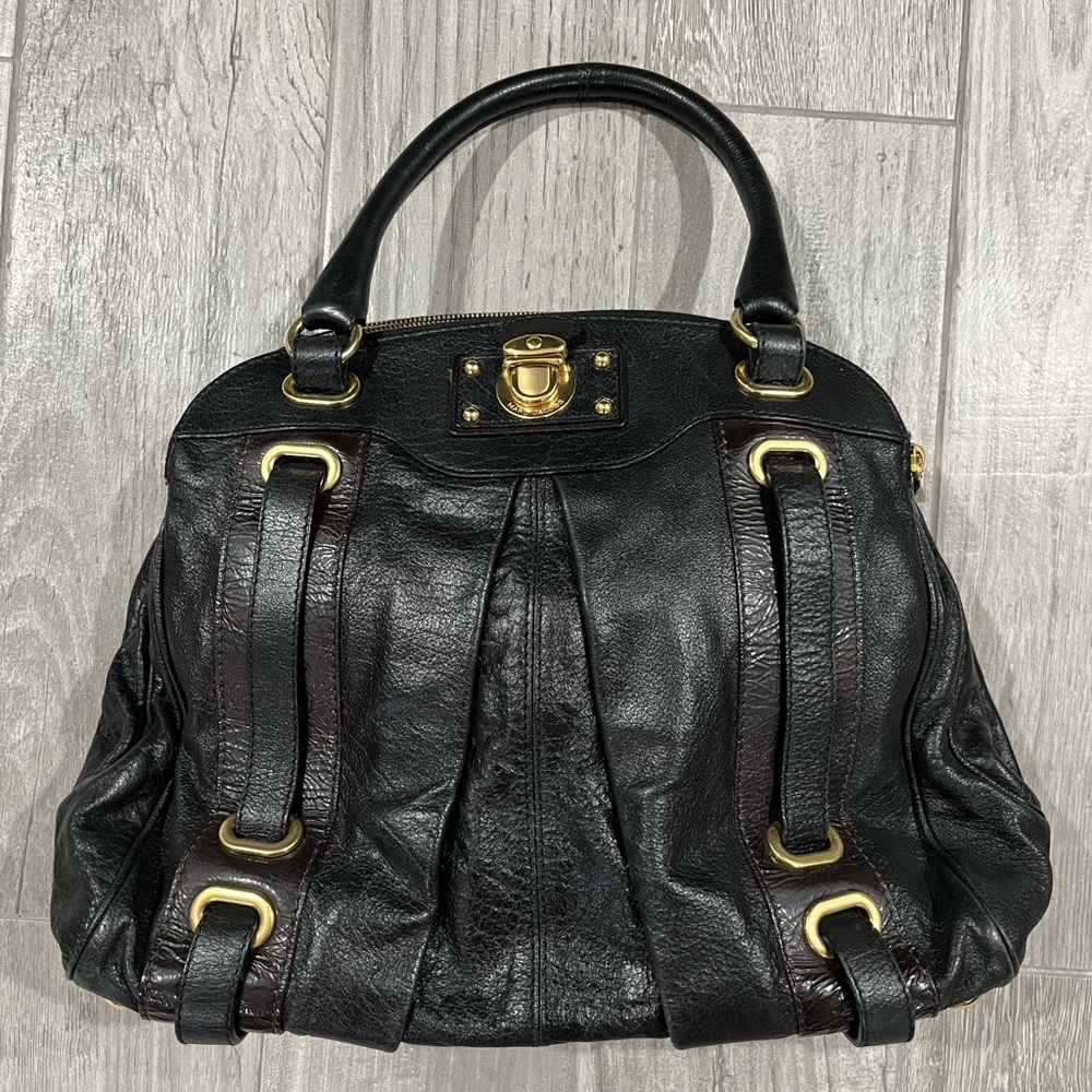 Vintage Marc Jacobs black leather satchel hand bag with gold tone buckle